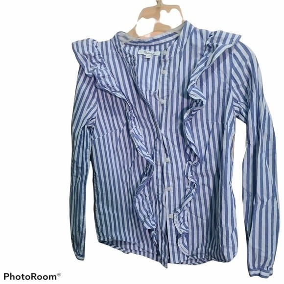 Madewell Whitney blue Striped Ruffle Blouse XXS - Picture 4 of 7